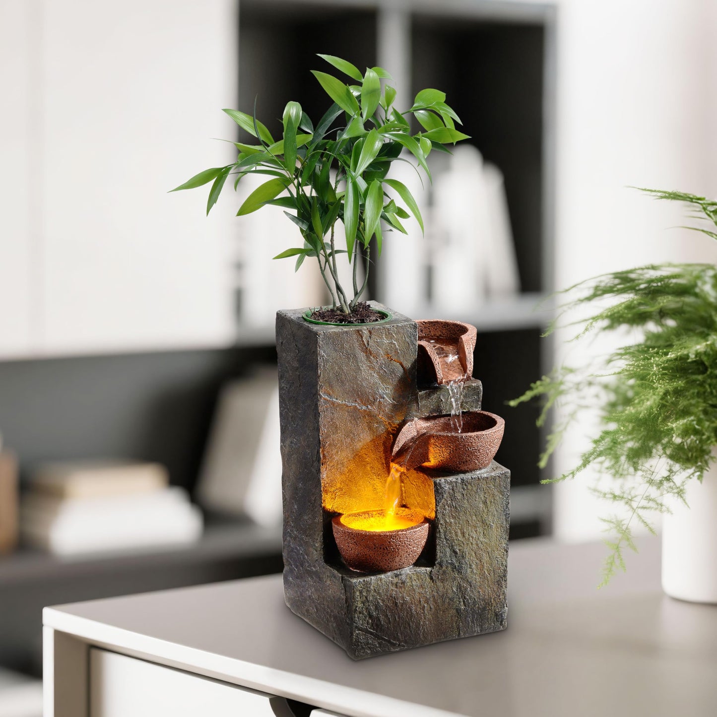 hree Bowl Rock Fountain with Warm LED Light and DIY Planting Pot by MSEONWXI