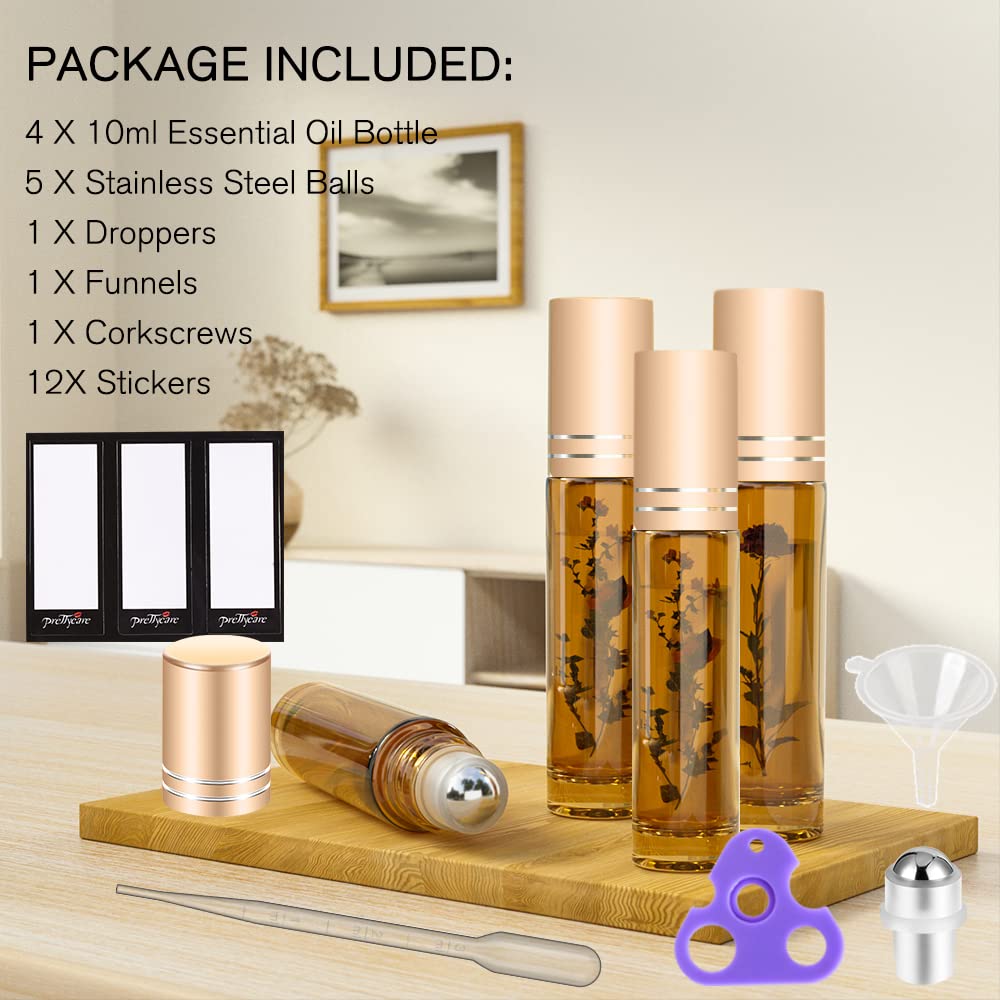 PrettyCare Amber Essential Oil Roller Bottles Set
