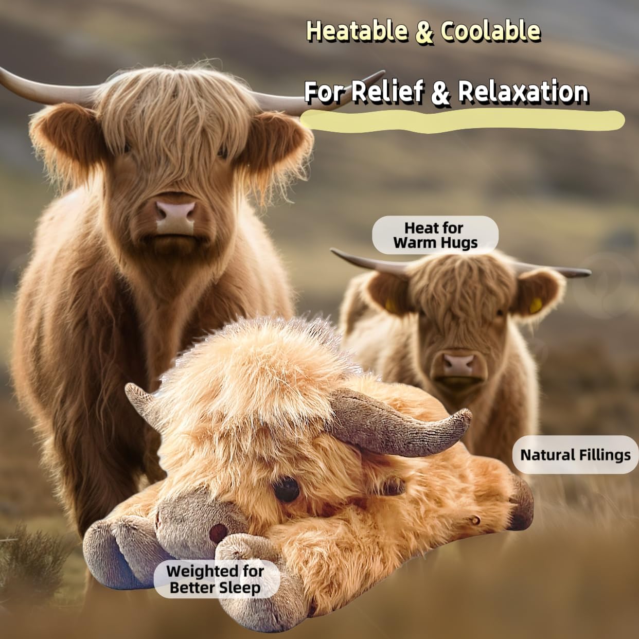 Highland Cow Weighted Plush Microwavable Heatable and Coolable Weighted Companion by Uoozii
