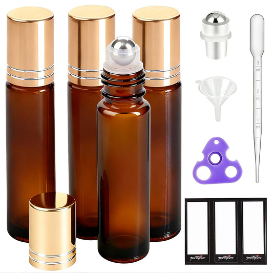 PrettyCare Amber Essential Oil Roller Bottles Set