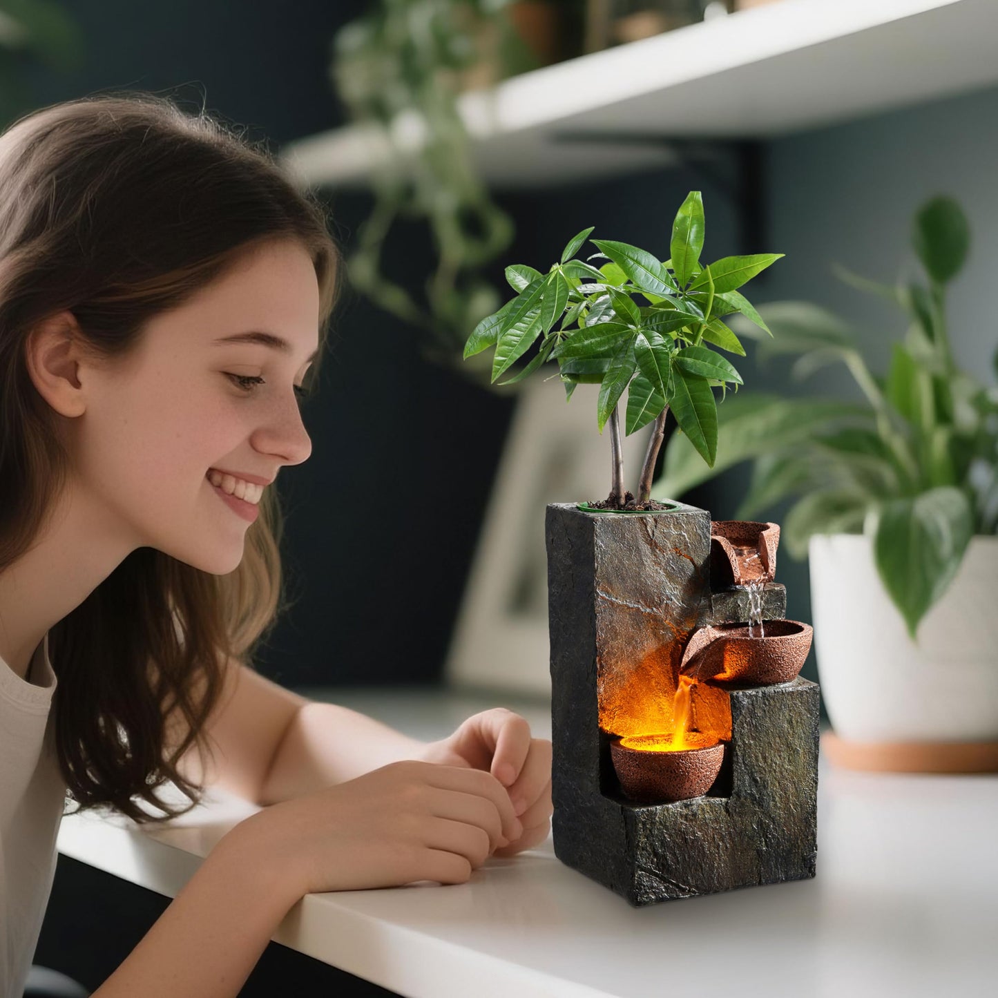 hree Bowl Rock Fountain with Warm LED Light and DIY Planting Pot by MSEONWXI