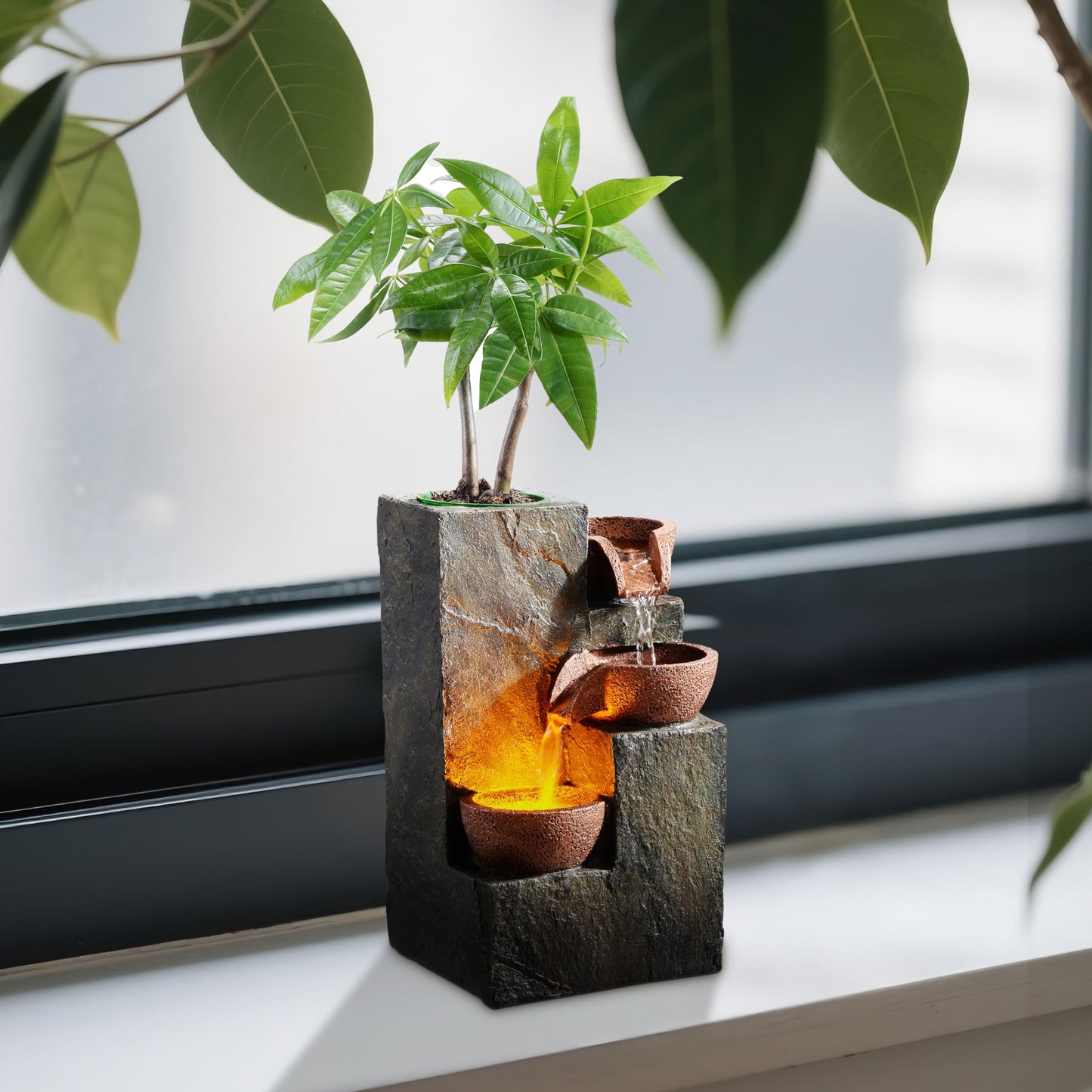 hree Bowl Rock Fountain with Warm LED Light and DIY Planting Pot by MSEONWXI