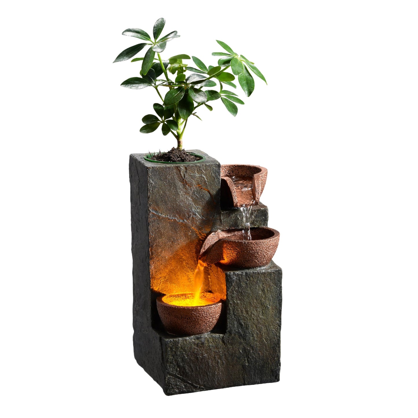hree Bowl Rock Fountain with Warm LED Light and DIY Planting Pot by MSEONWXI
