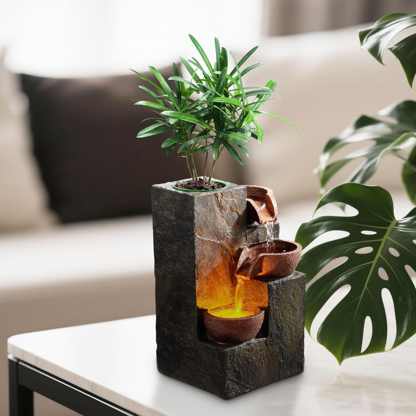 hree Bowl Rock Fountain with Warm LED Light and DIY Planting Pot by MSEONWXI