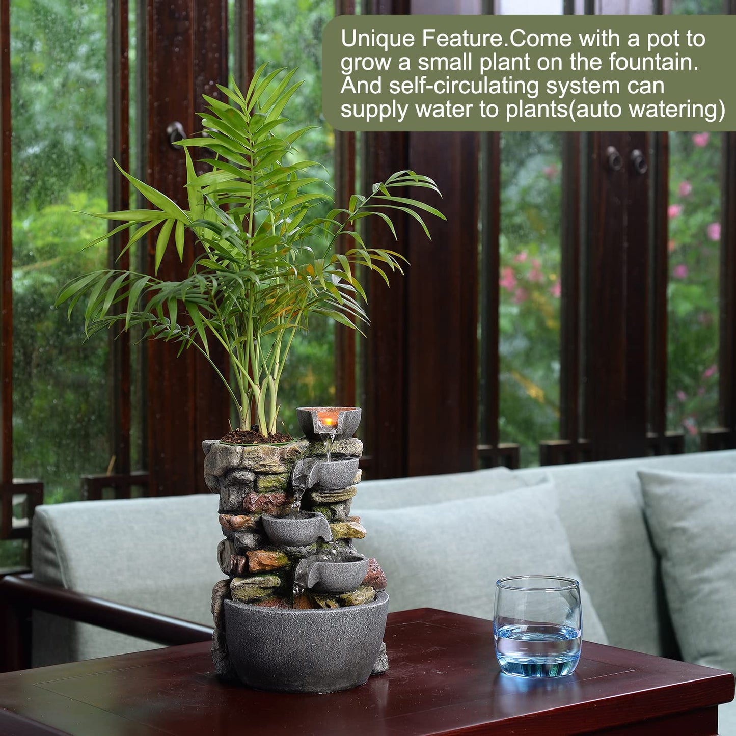 4 Bowl Indoor Fountain with Automatic Plant Watering by Haobos